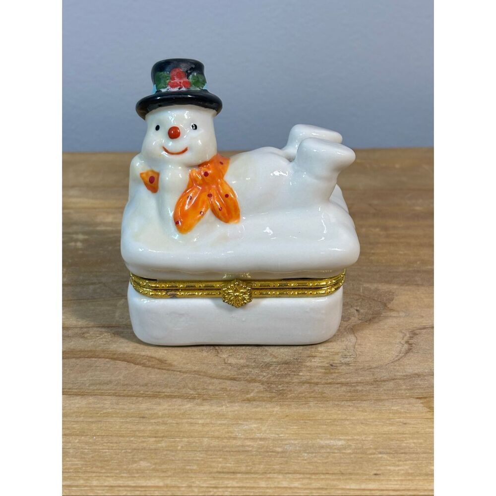 Vintage Hermitage Pottery Ceramic Snowman Hinged Trinket Box 1998